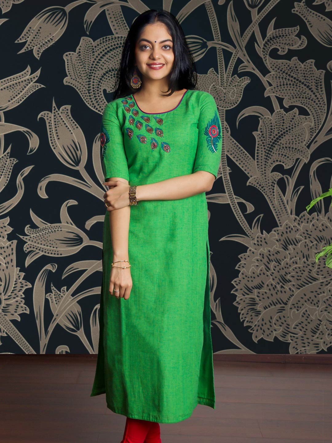 Peacock Blue Color Rayon Base Long Kurti With Silk Weave